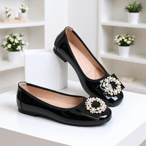 Women Patent Leather Ballet Flats Pearl Rhinestone Square Buckle Shoes Shallow Mouth Low Heel Soft Sole Elegant Loafers