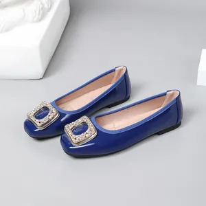 Navy blue patent leather women's flat shoes with rhinestone square buckle and square toe