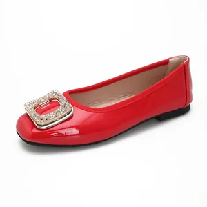 Elegant red patent leather ballet flats with sparkling rhinestone square buckle