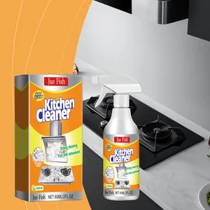 Vue détaillée du spray nettoyant cuisine Jue Fish et de son emballage carton