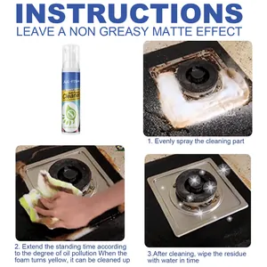 Instructions du nettoyant mousse cuisine montrant la pulvérisation et le résultat