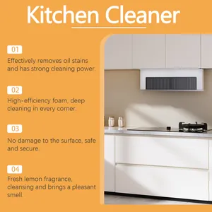 Cuisinière et hotte propres montrant l'efficacité du nettoyant mousse contre la graisse