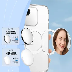 Portable magnetic selfie mirror for smartphones with packaging and reflection detail.