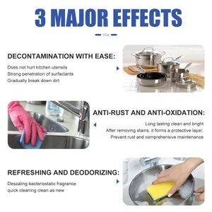 Infographic showing 3 major effects of kitchen oil foam cleaner: cleaning, anti-rust, and deodorizing.