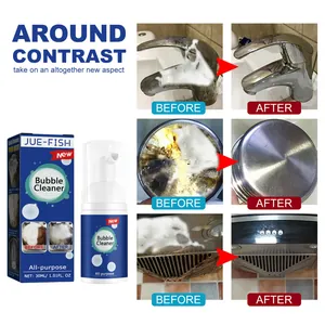 Before and after results showing Jue-Fish bubble cleaner removing heavy kitchen grease