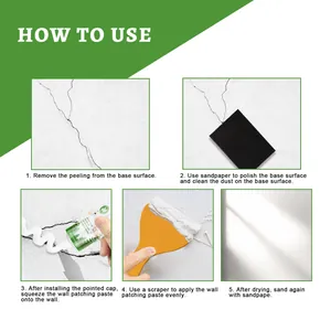 Step-by-step instructions showing how to use wall patching paste to repair wall cracks.