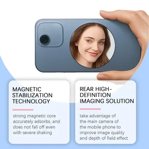 Detail of magnetic selfie mirror accessory for smartphone rear camera photography.
