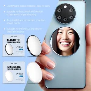 Magnetic selfie mirror for smartphones, MagSafe compatible design with circular convex glass.