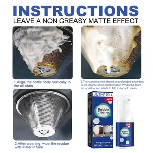 Detailed usage instructions for Jue-Fish all-purpose kitchen bubble cleaner with before and after