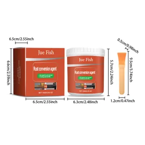 Διαστάσεις μετατροπέα σκουριάς Jue-Fish 100g με κουτί, μπουκάλι και πινέλο εφαρμογής.