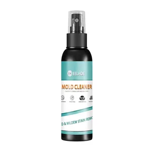 Close-up of EELHOE mold cleaner spray bottle showing detailed English label instructions