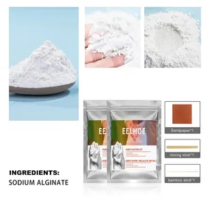 Hand casting kit detail showing sodium alginate powder, sandpaper, and mixing tools.