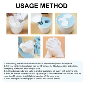 Detailed step-by-step usage method for DIY hand casting kit with molding powder.