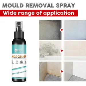 Detailed view of EELHOE mould removal spray showing before and after tile cleaning results.