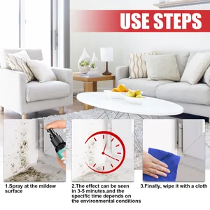 Instructional guide showing three steps to apply mold remover spray on surfaces