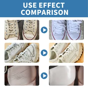 Before and after comparison showing white shoe cleaner effectiveness on dirty sneakers