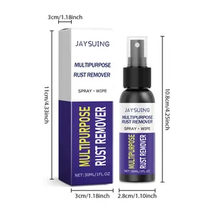 Detailed dimension diagram of Jaysuing 30ml multipurpose rust remover spray and box