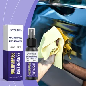 Jaysuing multipurpose rust remover spray applied to a car exterior with microfiber cloth.