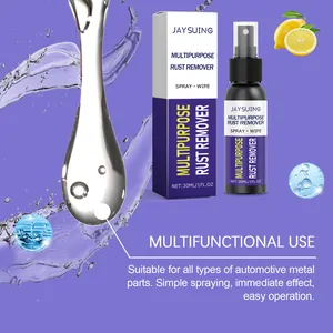 Macro shot of multipurpose rust remover spray with liquid drop and fresh lemon accents.