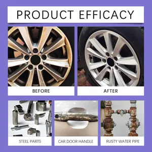 Multipurpose metal rust remover efficacy showing car wheel and pipe cleaning details