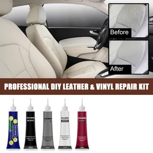 Professional DIY leather and vinyl repair kit with before/after results on car seat.