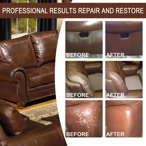 Professional leather repair cream results showing before and after on a brown sofa.