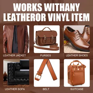 Application guide for leather repair cream showing jacket, shoes, and bags in brown tones.