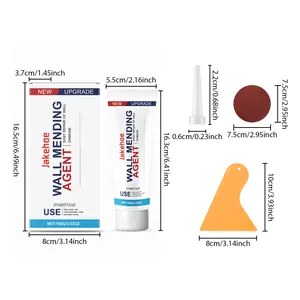 Complete Jakehoe wall mending agent kit with dimensions for repair tube and accessories.