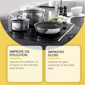 Detail showing polished stainless steel pans on a shiny black stove top