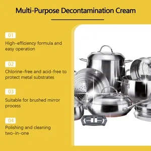 Multi-purpose decontamination cream for polishing and cleaning stainless steel cookware.