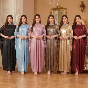 Six elegant batwing sleeve kaftan dresses with diamond trim in various glitter colors.