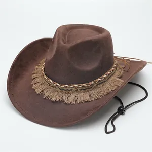 Close-up side view detail of a brown Western cowboy hat with stylish fringe and chain band