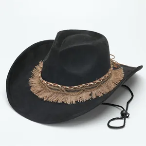Detail view of black felt cowboy hat with fringe tassels and metallic chain decoration