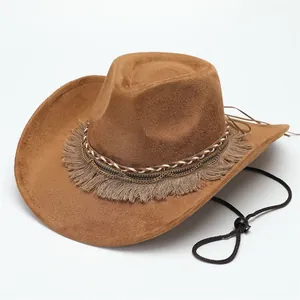 Close-up of a brown Western cowboy hat with a decorative fringe and chain-link band