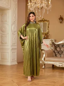 Elegant full-length olive green metallic kaftan dress with sparkling rhinestone details