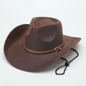 Detailed close-up of a dark brown felt cowboy hat with leather band and chin strap
