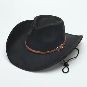 Detail view of black wool felt western cowboy hat with brown leather band and buckle.