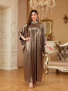 Elegant gold metallic maxi dress with pearl neck and loose batwing sleeves detail