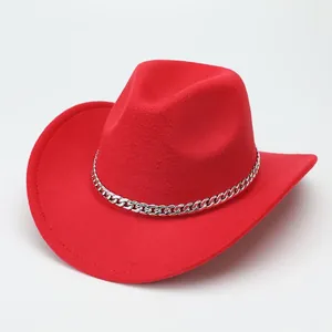 Vibrant red wool felt cowboy hat featuring a sleek silver curb chain accessory.
