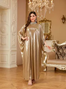 Elegant gold metallic batwing sleeve dress with rhinestone-embellished collar