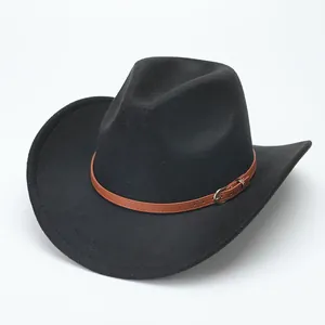 Close-up of a classic black felt cowboy hat featuring a decorative brown belt buckle band