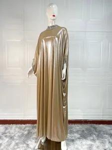 Elegant champagne gold maxi dress with rhinestone neckline and loose batwing sleeves