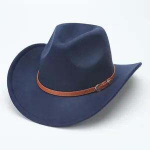Close-up of navy blue felt cowboy hat with brown belt buckle detail