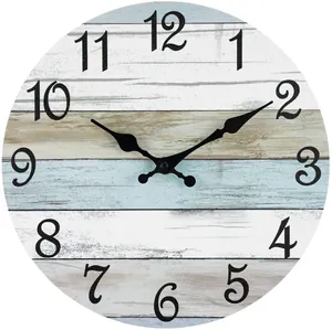 Horloge Murale en Bois Paysage de Plage Côtière Silencieuse Ronde Vintage Décoration Murale pour Salon Chambre Cuisine Bureau