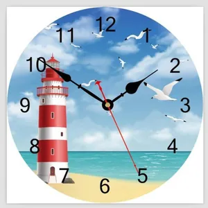Horloge murale silencieuse créative avec scène de phare de plage et grands chiffres