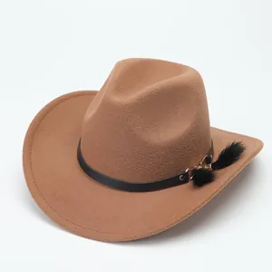 Classic brown woolen western cowboy hat with black leather band and feather accent
