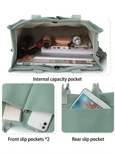 Bolso de lona verde de gran capacidad con múltiples bolsillos internos y externos funcionales