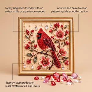 Detalle del kit de manualidades 3D pájaro cardenal con perlas y gemas brillantes