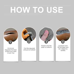 Step-by-step visual guide for applying grey metal repair putty to fix a cracked pipe