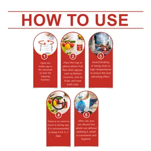 Instructional guide showing five steps on how to use the Moonspry fruit fly trap effectively